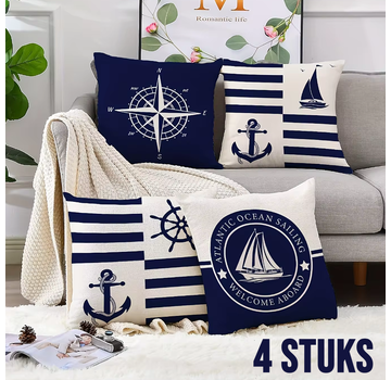 Allernieuwste.nl 4 Stuks Blauwe Bootkussens - Maritieme Nautische Kussenhoezen-  40 x 40 cm