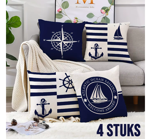 Allernieuwste.nl Allernieuwste.nl® SET 4 Stuks Bootkussens Maritieme Nautische Kussenhoes 40x40 cm Blauw 4 Stuks ##