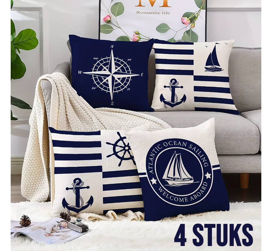 Allernieuwste.nl® SET 4 Stuks Bootkussens Maritieme Nautische Kussenhoes 40x40 cm Blauw 4 Stuks ##