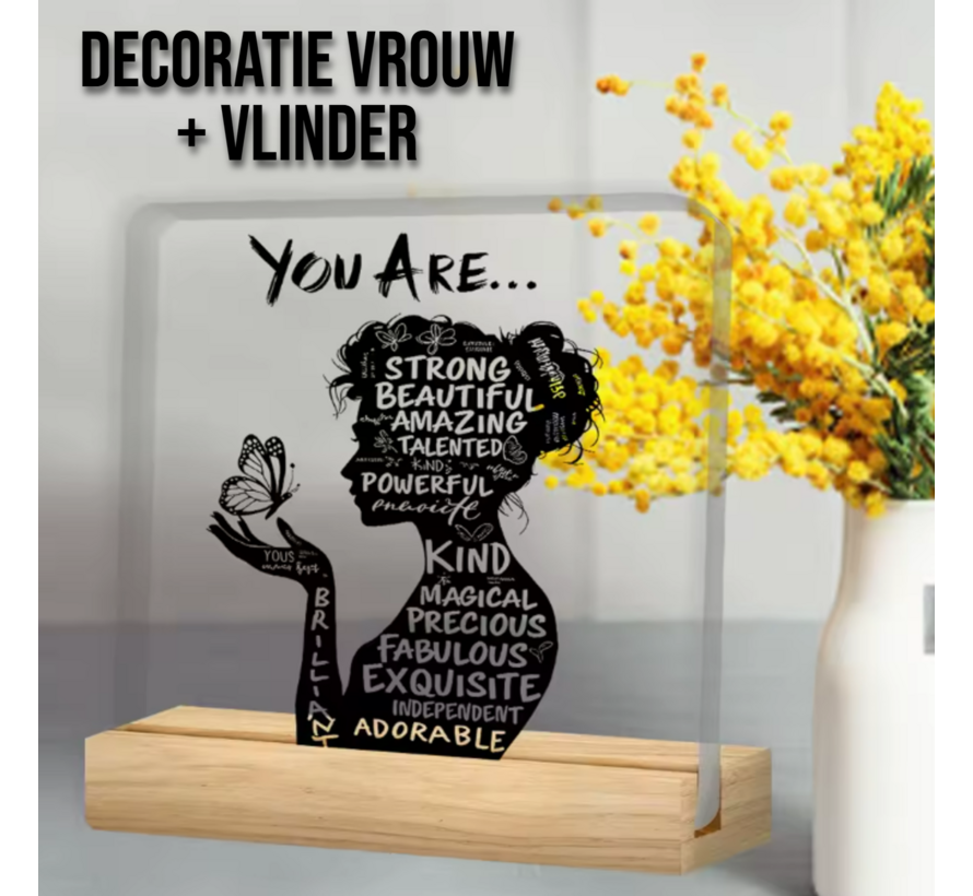 Allernieuwste.nl® Inspirerend Acryl Bureau Bord – “You Are Strong, Beautiful & Enough” Decoratie met Houten Standaard – 10 x 10 cm