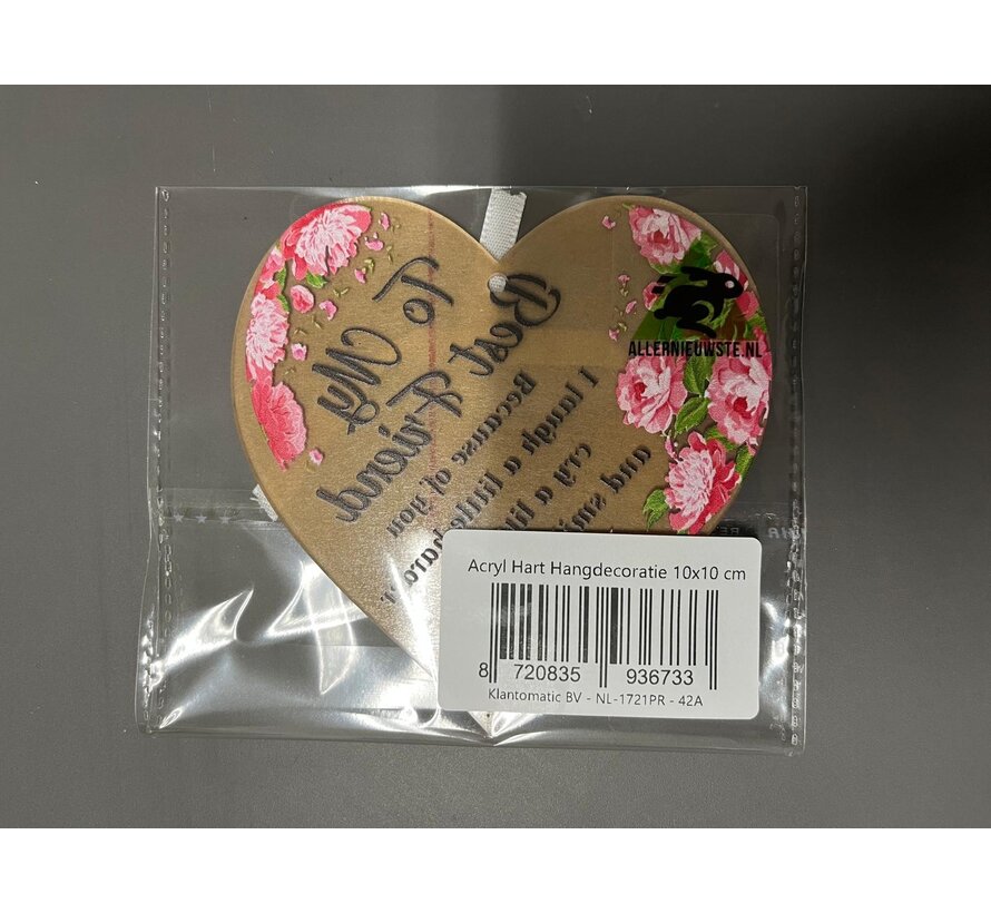 Allernieuwste.nl® Acryl Hart Hangdecoratie 10x10 cm – Vriendschap Cadeau voor Auto, Raam of Interieur