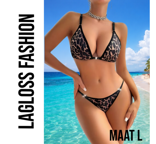 LaGloss LaGloss® Luipaardprint BH-set – Driehoekige Top met Voorsluiting & Kruisbandjes - Verleidelijk en Comfortabel –  Lingerie set - Maat L