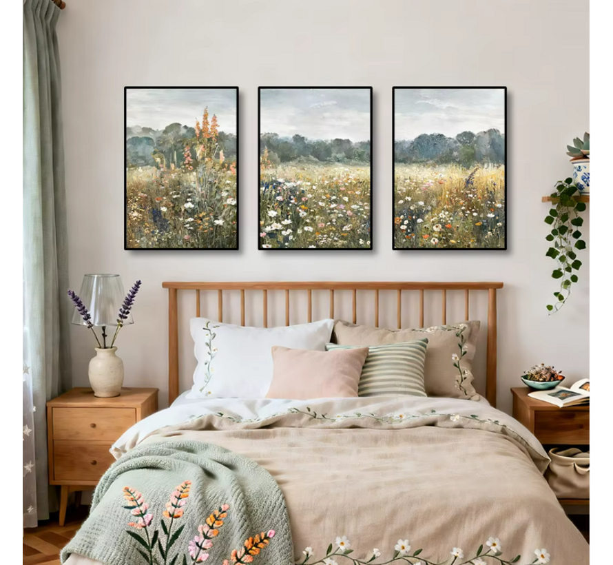 Allernieuwste.nl® Canvas Schilderij 3-Luik Wilde Bloemen – 40 x 60 cm - Poster - Boho Olieverf Stijl - Lente - Wanddecoratie – Kleur