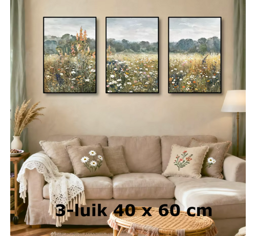 Allernieuwste.nl Allernieuwste.nl® Canvas Schilderij 3-Luik Wilde Bloemen – 40 x 60 cm - Poster - Boho Olieverf Stijl - Lente - Wanddecoratie – Kleur