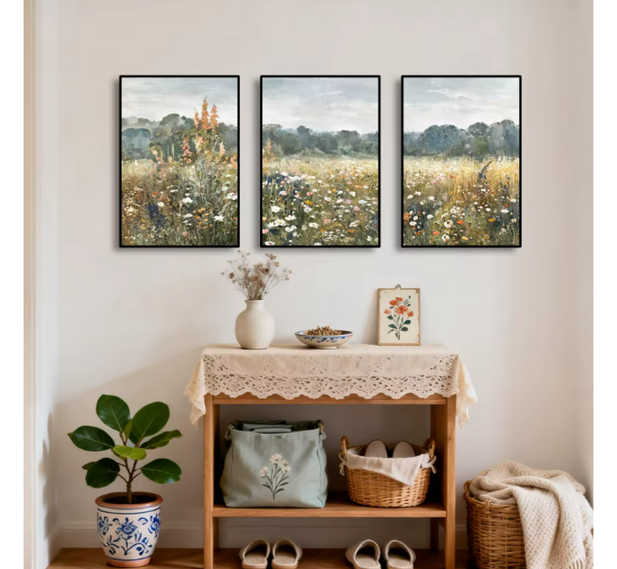Allernieuwste.nl® Canvas Schilderij 3-Luik Wilde Bloemen – 40 x 60 cm - Poster - Boho Olieverf Stijl - Lente - Wanddecoratie – Kleur