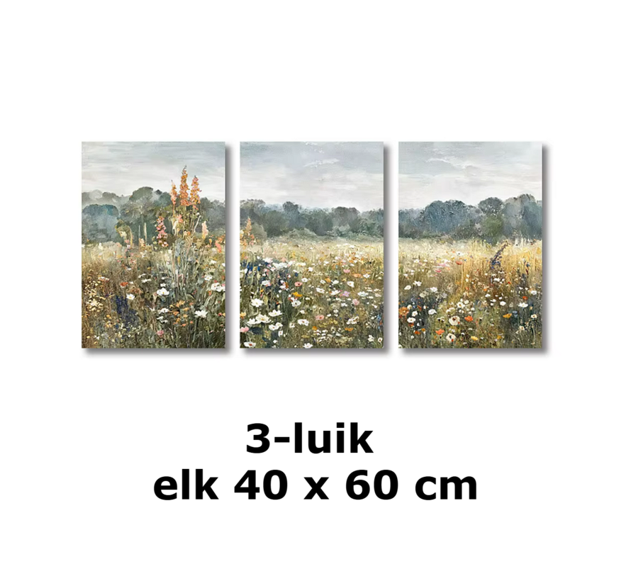 Allernieuwste.nl® Canvas Schilderij 3-Luik Wilde Bloemen – 40 x 60 cm - Poster - Boho Olieverf Stijl - Lente - Wanddecoratie – Kleur