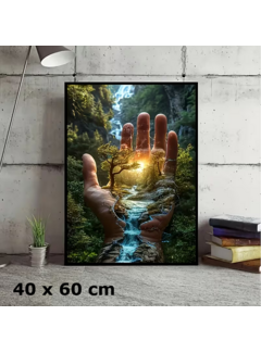 Allernieuwste.nl Canvas Schilderij Hand met Mini Bos en Rivier – 40 x 60 cm