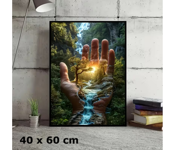 Allernieuwste.nl Canvas Schilderij Hand met Mini Bos en Rivier – 40 x 60 cm