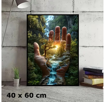 Allernieuwste.nl Canvas Schilderij Hand met Mini Bos en Rivier – 40 x 60 cm