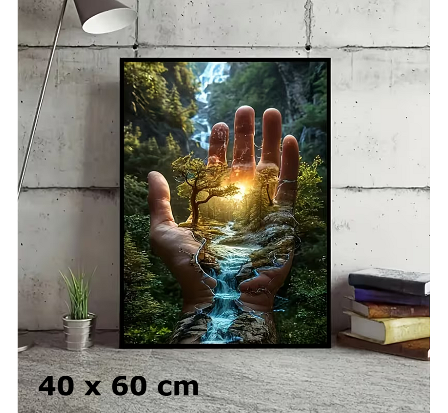 Allernieuwste.nl® Canvas Schilderij Hand met Mini Bos en Rivier – 40 x 60 cm – Natuur - Wanddecoratie - Poster – Muurdecoratie