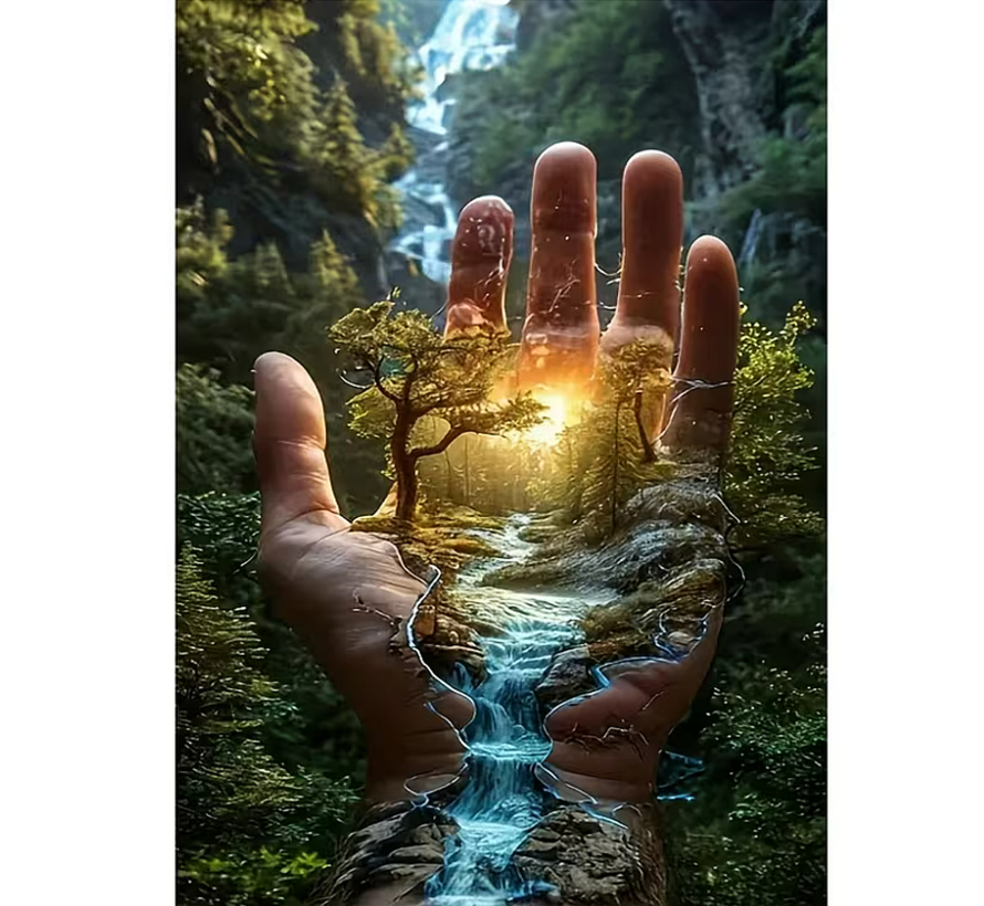 Allernieuwste.nl® Canvas Schilderij Hand met Mini Bos en Rivier – 40 x 60 cm – Natuur - Wanddecoratie - Poster – Muurdecoratie