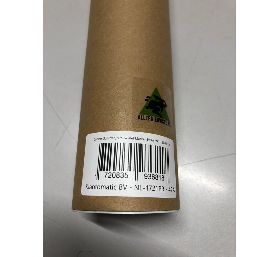 Allernieuwste.nl® Canvas Schilderij Vrouw met Masker Zwart-Wit 60x60 cm – Emotionele Kunst - Muurdecoratie – Wanddecoratie - Poster