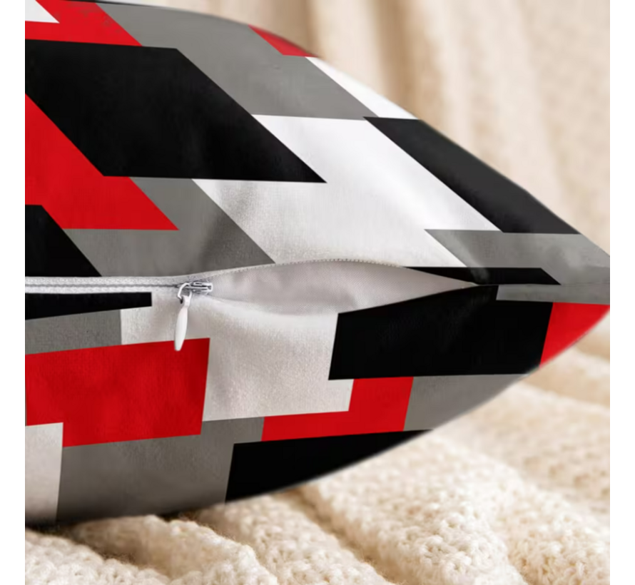 Allernieuwste.nl® Kussen Geometrische Patroom - Kussenhoes 45x45 cm – Zwart Wit Rood Grijs - Modern Sierkussenhoes Design - Kussenhoes polyester peach skin Perzikhuid