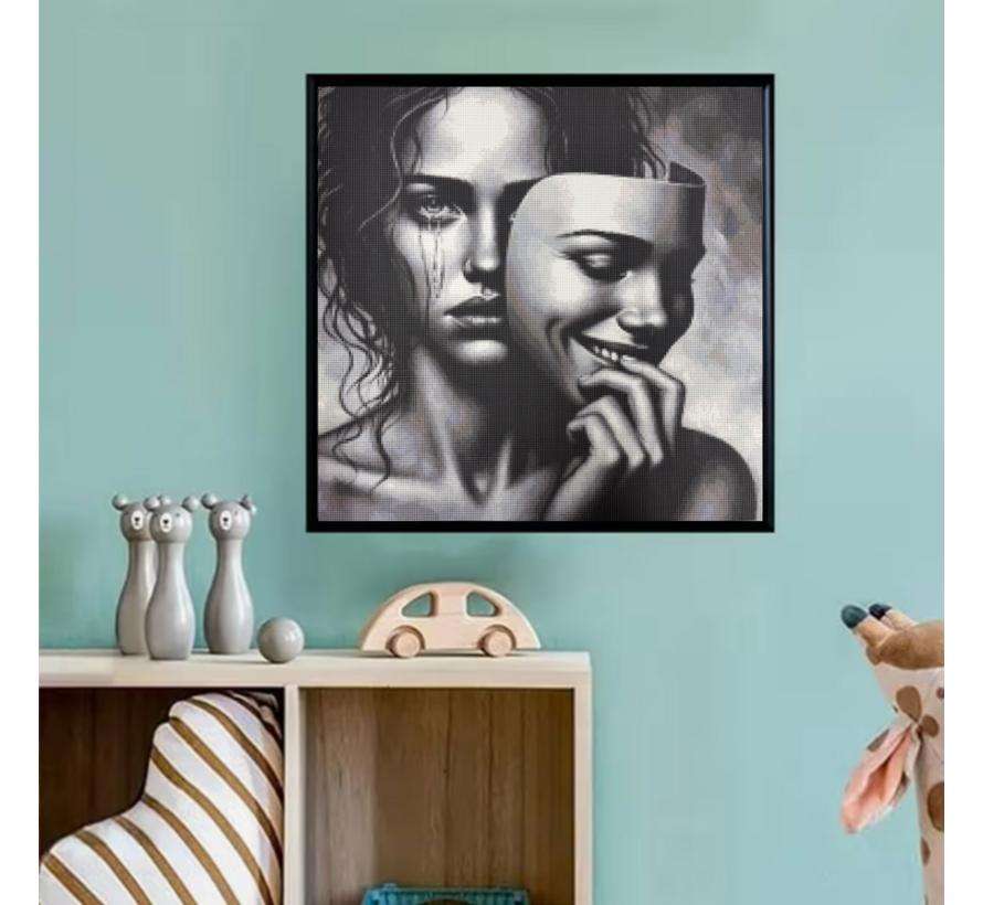 Allernieuwste.nl® Canvas Schilderij Vrouw met Masker Zwart-Wit 60x60 cm – Emotionele Kunst - Muurdecoratie – Wanddecoratie - Poster