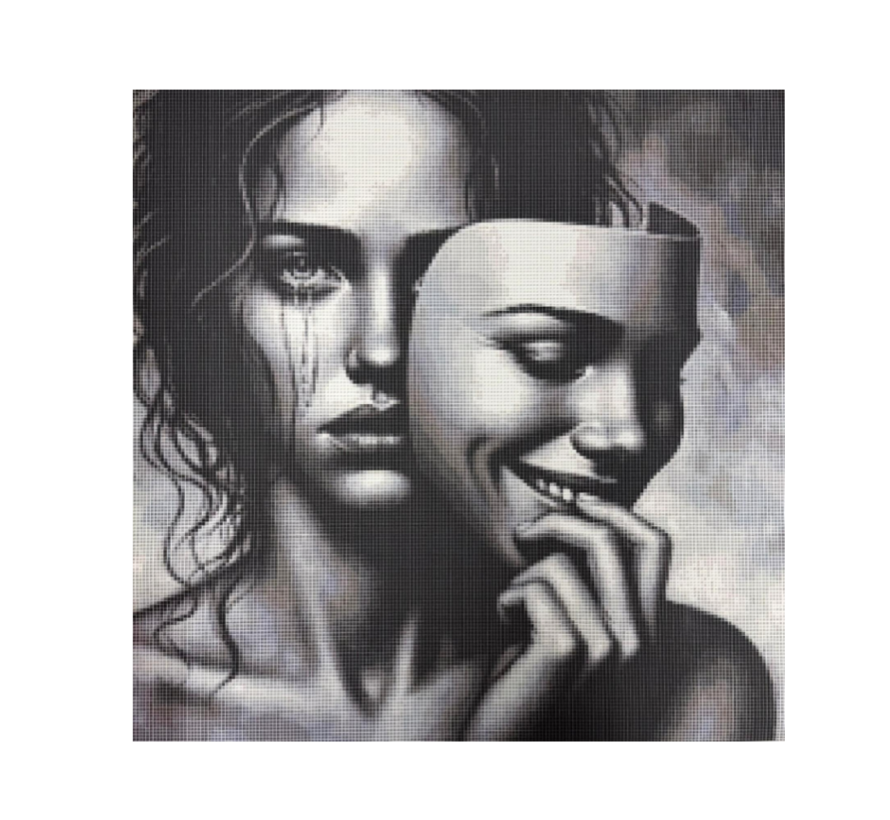 Allernieuwste.nl® Canvas Schilderij Vrouw met Masker Zwart-Wit 60x60 cm – Emotionele Kunst - Muurdecoratie – Wanddecoratie - Poster
