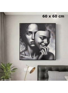 Allernieuwste.nl Canvas Schilderij Vrouw met Masker Zwart-Wit - 60x60 cm