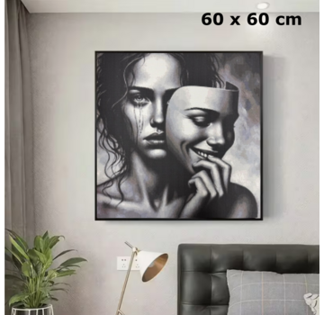 Allernieuwste.nl Canvas Schilderij Vrouw met Masker Zwart-Wit - 60x60 cm