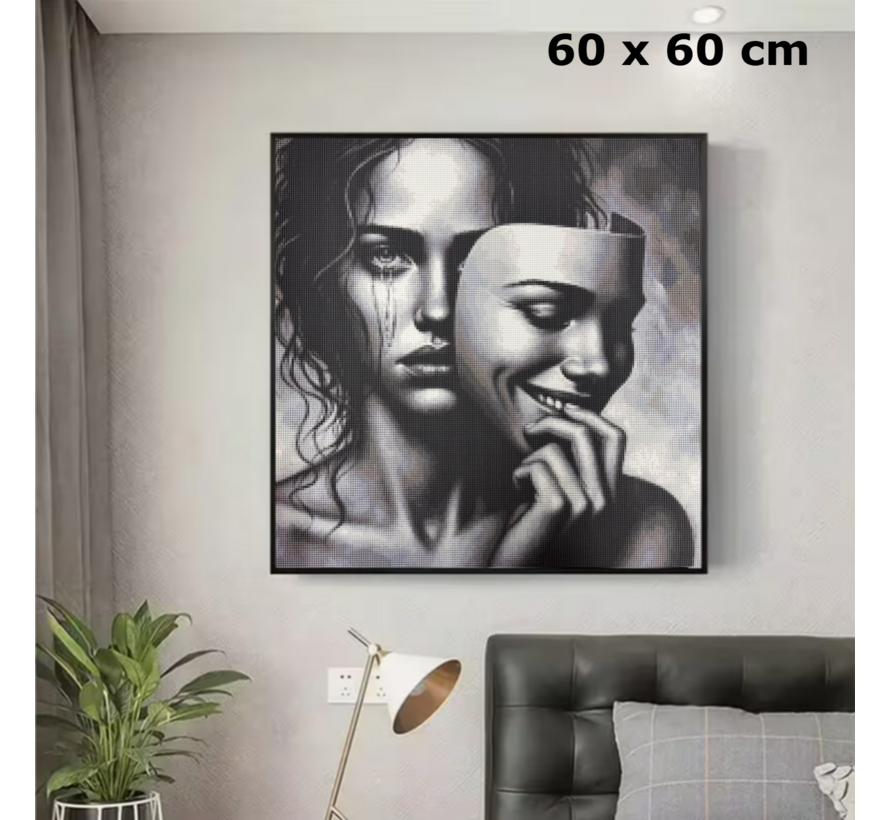Allernieuwste.nl® Canvas Schilderij Vrouw met Masker Zwart-Wit 60x60 cm – Emotionele Kunst - Muurdecoratie – Wanddecoratie - Poster