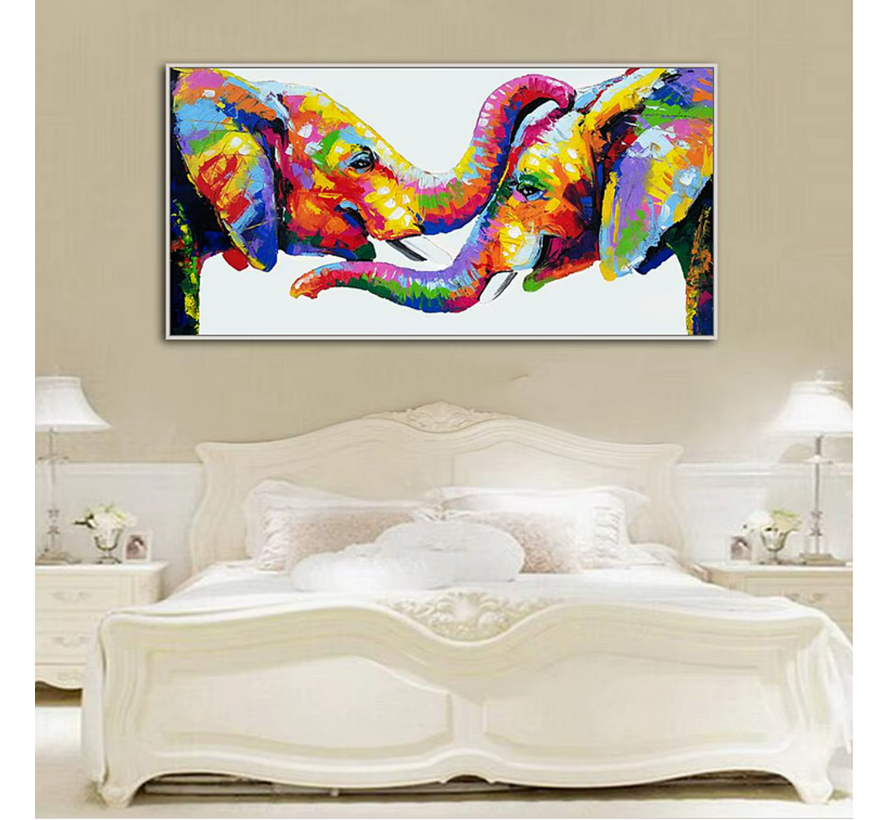 Allernieuwste.nl® Canvas Schilderij Liefdevolle 2 Olifanten 50 x 100 cm – Kleur - Dieren - Muurdecoratie Woonkamer - Wanddecoratie - Poster
