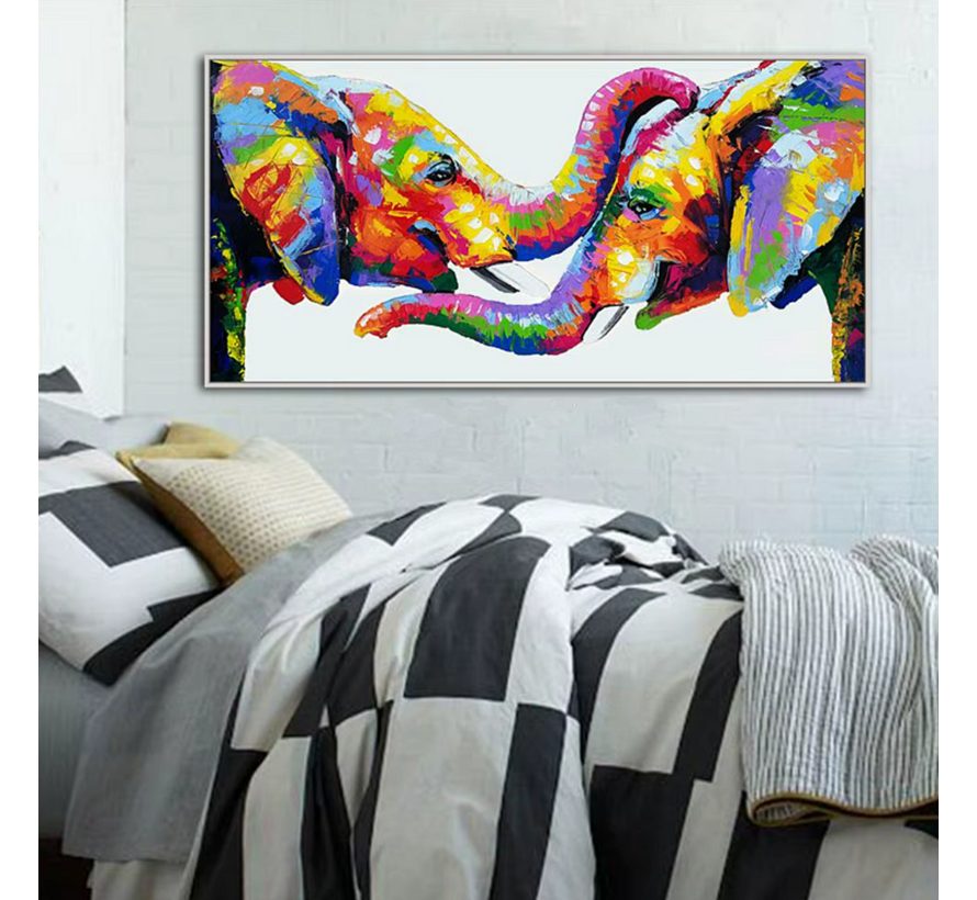 Allernieuwste.nl® Canvas Schilderij Liefdevolle 2 Olifanten 50 x 100 cm – Kleur - Dieren - Muurdecoratie Woonkamer - Wanddecoratie - Poster