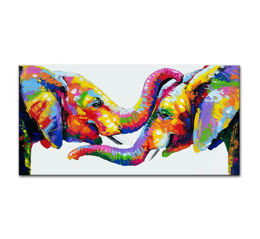 Allernieuwste.nl® Canvas Schilderij Liefdevolle 2 Olifanten 50 x 100 cm – Kleur - Dieren - Muurdecoratie Woonkamer - Wanddecoratie - Poster