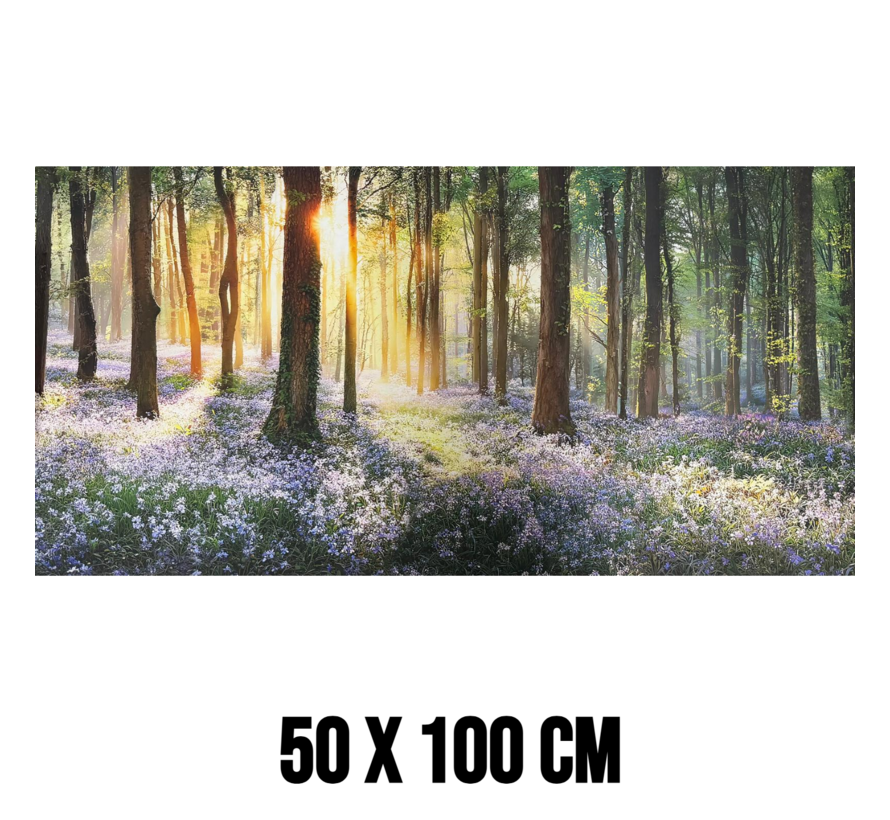 Allernieuwste.nl® Canvas Schilderij Boslandschap met Paarse Bloemen - 50x100 cm – Natuur Muurdecoratie – Wanddecoratie – Poster
