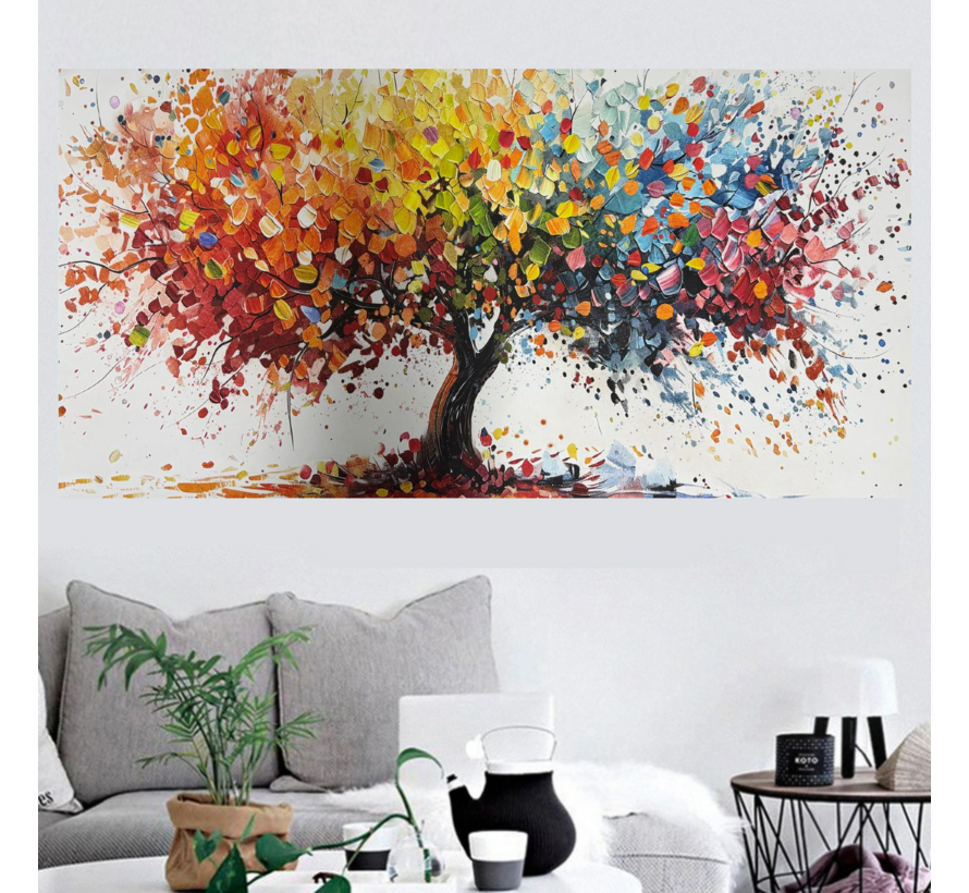 Allernieuwste.nl® Canvas Schilderij Boom met Vallende Bladeren Herfstboom - 60 x 120 cm – Natuur -Muurdecoratie – Wanddecoratie – Poster
