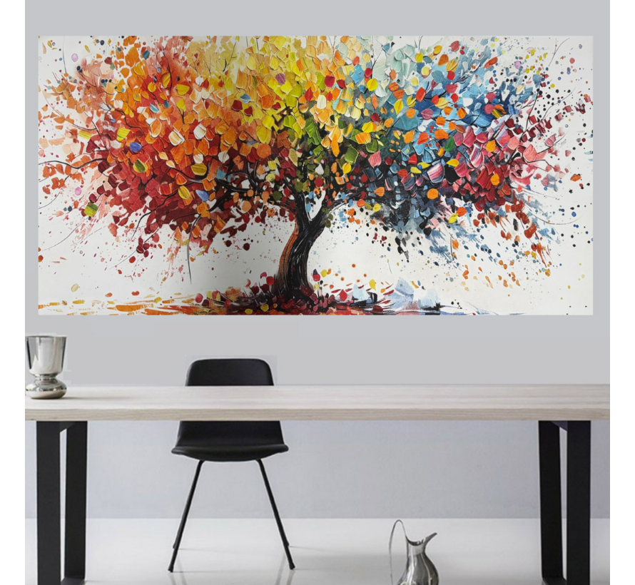 Allernieuwste.nl® Canvas Schilderij Boom met Vallende Bladeren Herfstboom - 60 x 120 cm – Natuur -Muurdecoratie – Wanddecoratie – Poster