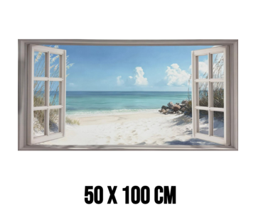 Allernieuwste.nl Canvas Schilderij Strand Uitzicht met Openslaande Deuren – 50 x 100 cm