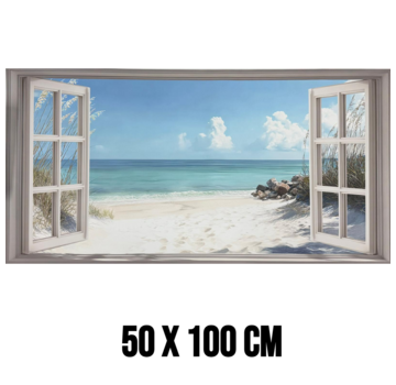 Allernieuwste.nl Canvas Schilderij Strand Uitzicht met Openslaande Deuren – 50 x 100 cm