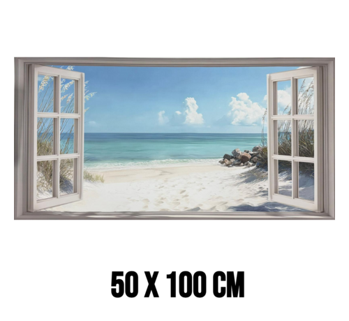 Allernieuwste.nl Allernieuwste.nl® Canvas Schilderij Strand Uitzicht met Openslaande Deuren – 50 x 100 cm – Zee Muurdecoratie – Wanddecoratie - Poster