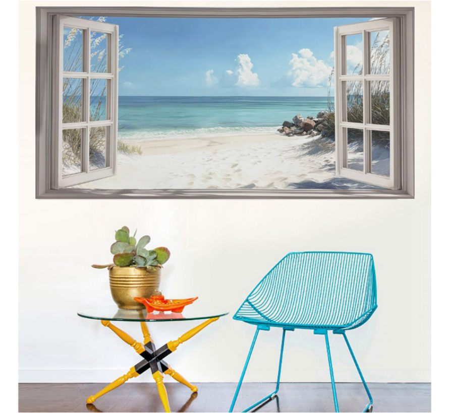 Allernieuwste.nl® Canvas Schilderij Strand Uitzicht met Openslaande Deuren – 50 x 100 cm – Zee Muurdecoratie – Wanddecoratie - Poster