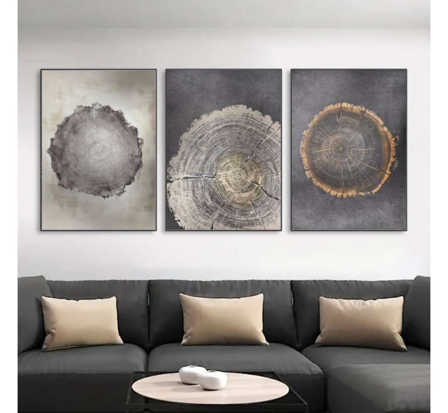 Allernieuwste.nl® 3-Luik Canvas Schilderij Boomringen – 40 x 60 cm – Natuur - Houtstructuur Muurdecoratie Set – Wanddecoratie – Posters