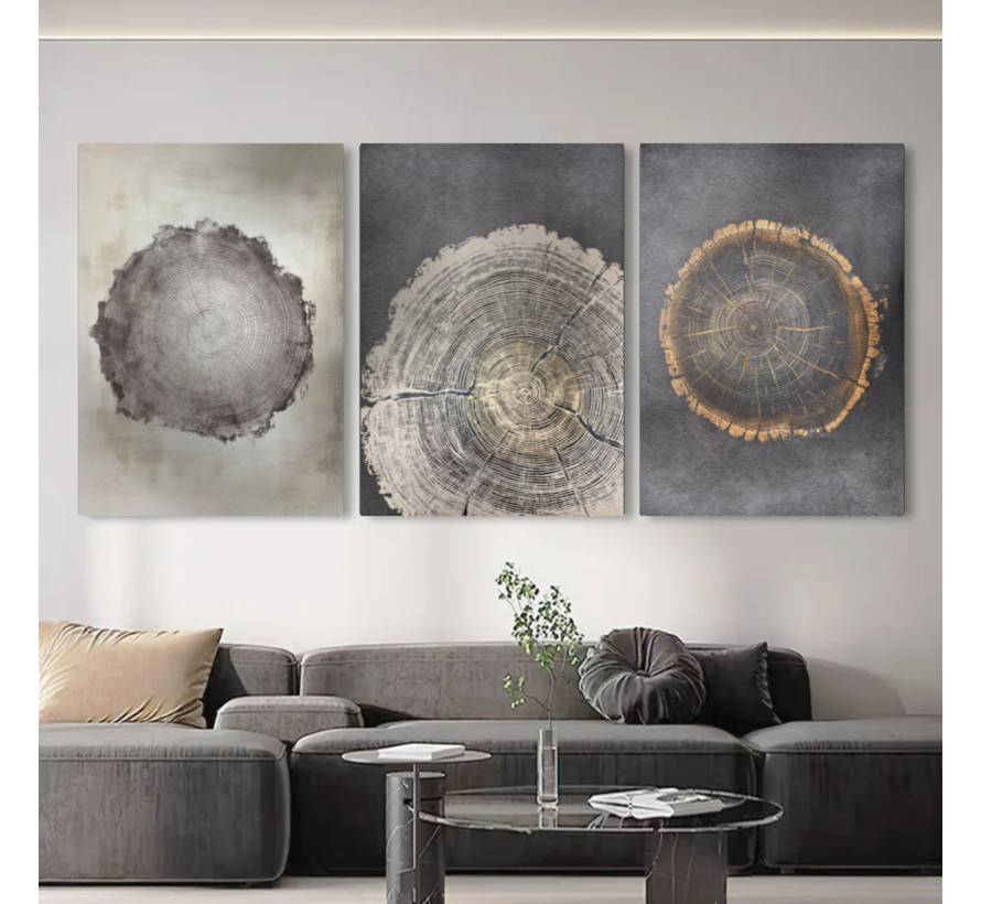Allernieuwste.nl® 3-Luik Canvas Schilderij Boomringen – 40 x 60 cm – Natuur - Houtstructuur Muurdecoratie Set – Wanddecoratie – Posters