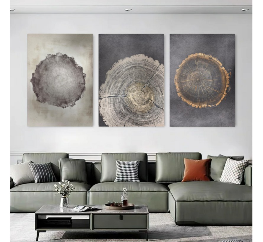 Allernieuwste.nl® 3-Luik Canvas Schilderij Boomringen – 40 x 60 cm – Natuur - Houtstructuur Muurdecoratie Set – Wanddecoratie – Posters