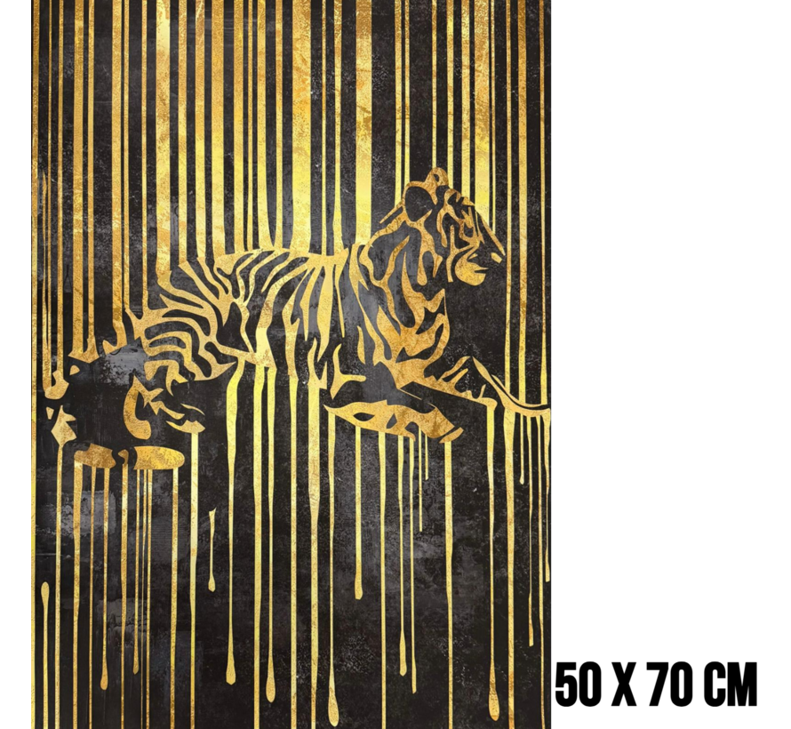 Allernieuwste.nl® Canvas Schilderij Gouden Tijger – 50 x 70 cm – Luxe Zwart Goud - Dieren Muurdecoratie – Wanddecoratie - Poster
