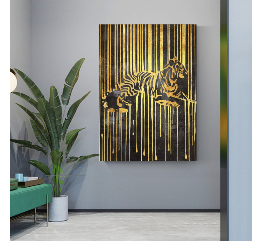 Allernieuwste.nl® Canvas Schilderij Gouden Tijger – 50 x 70 cm – Luxe Zwart Goud - Dieren Muurdecoratie – Wanddecoratie - Poster