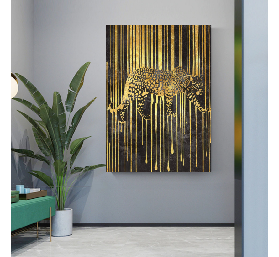 Allernieuwste.nl® Canvas Schilderij Gouden Luipaard – 50 x 70 cm – Luxe Zwart Goud - Dieren Muurdecoratie – Wanddecoratie - Poster