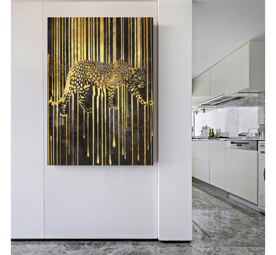 Allernieuwste.nl® Canvas Schilderij Gouden Luipaard – 50 x 70 cm – Luxe Zwart Goud - Dieren Muurdecoratie – Wanddecoratie - Poster