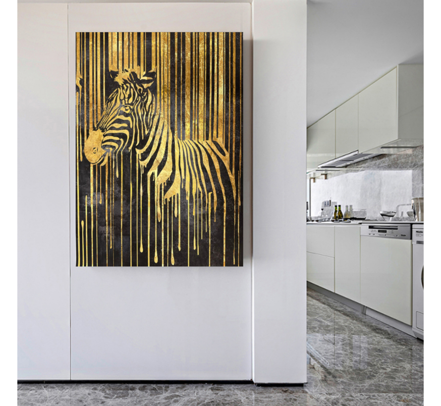 Allernieuwste.nl® Canvas Schilderij Gouden Zebra – 50 x 70 cm – Luxe Zwart Goud - Dieren Muurdecoratie – Wanddecoratie - Poster