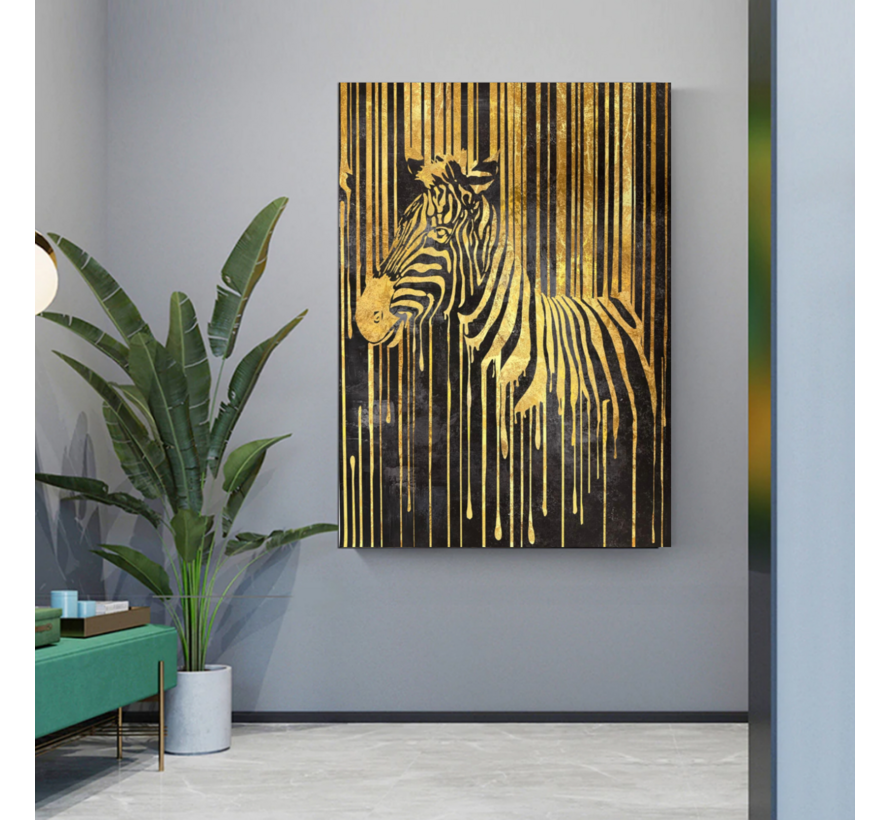 Allernieuwste.nl® Canvas Schilderij Gouden Zebra – 50 x 70 cm – Luxe Zwart Goud - Dieren Muurdecoratie – Wanddecoratie - Poster