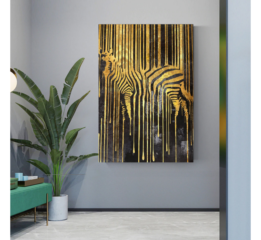 Allernieuwste.nl® Canvas Schilderij Gouden Zebra 2 – 50 x 70 cm – Luxe Zwart Goud - Dieren Muurdecoratie – Wanddecoratie - Poster