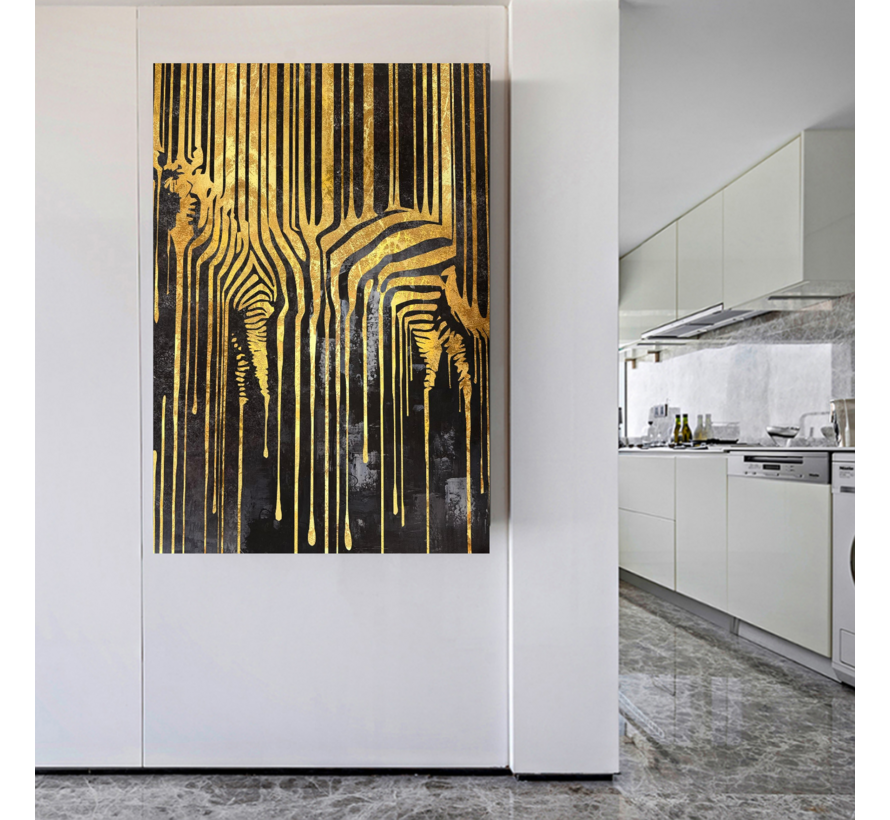 Allernieuwste.nl® Canvas Schilderij Gouden Zebra 2 – 50 x 70 cm – Luxe Zwart Goud - Dieren Muurdecoratie – Wanddecoratie - Poster