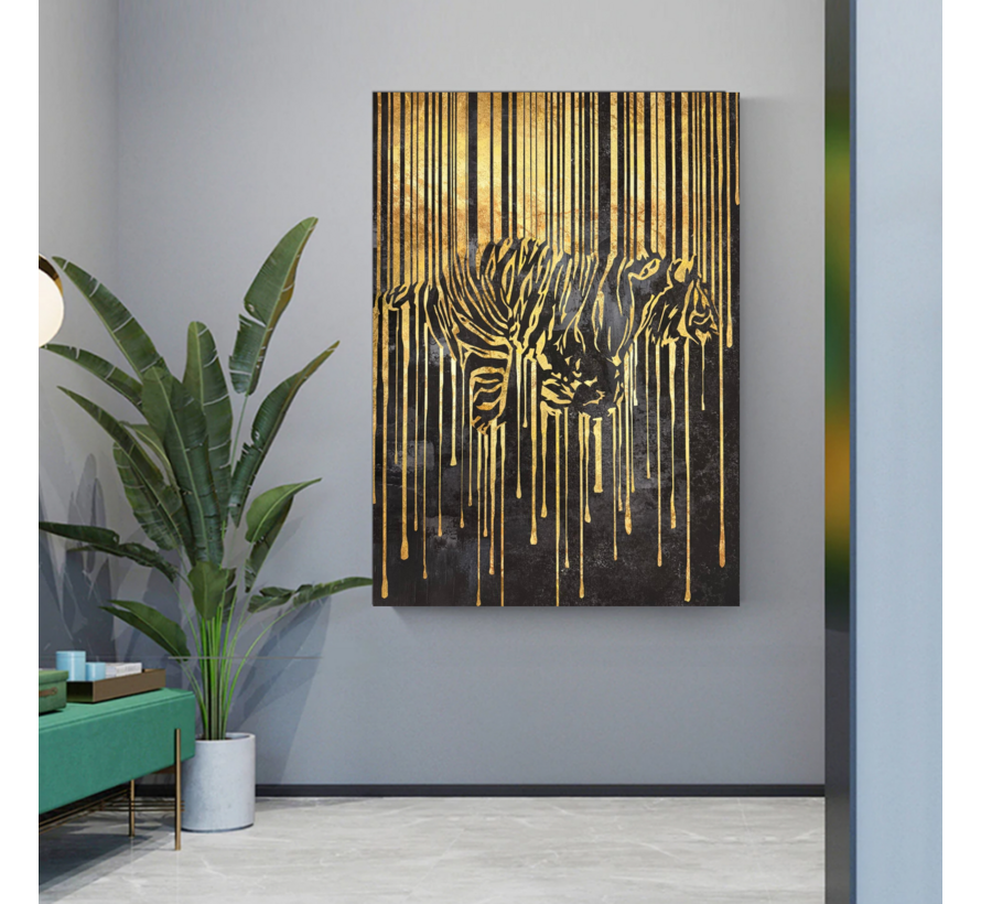 Allernieuwste.nl® Canvas Schilderij Gouden Tijger 2 – 50 x 70 cm – Luxe Zwart Goud - Dieren Muurdecoratie – Wanddecoratie - Poster
