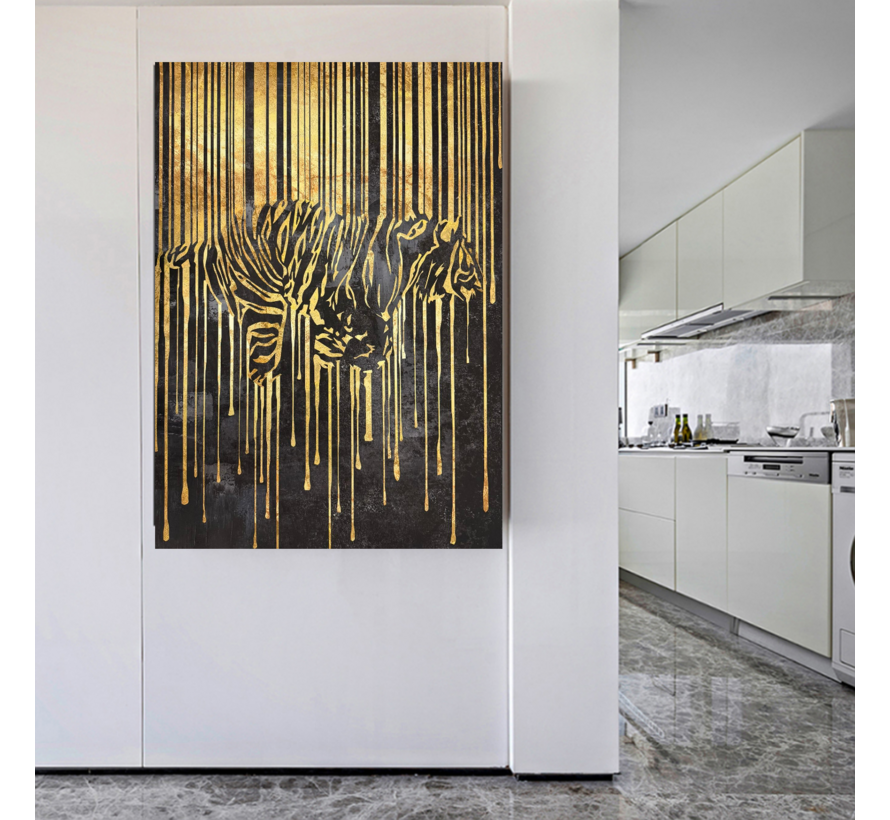 Allernieuwste.nl® Canvas Schilderij Gouden Tijger 2 – 50 x 70 cm – Luxe Zwart Goud - Dieren Muurdecoratie – Wanddecoratie - Poster