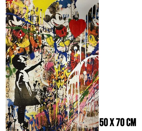 Allernieuwste.nl Allernieuwste.nl® Canvas Schilderij Banksy Girl with Balloon en Bekende Muis – 50 x 70 cm – Urban Graffiti Muurdecoratie - Street Art – Wanddecoratie – Poster