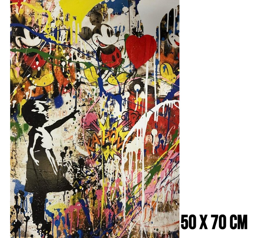 Allernieuwste.nl® Canvas Schilderij Banksy Girl with Balloon en Bekende Muis – 50 x 70 cm – Urban Graffiti Muurdecoratie - Street Art – Wanddecoratie – Poster