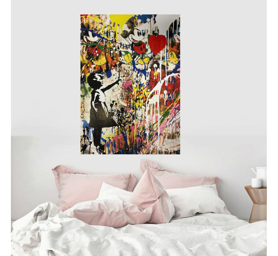 Allernieuwste.nl® Canvas Schilderij Banksy Girl with Balloon en Bekende Muis – 50 x 70 cm – Urban Graffiti Muurdecoratie - Street Art – Wanddecoratie – Poster