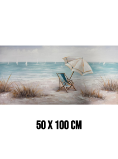 Allernieuwste.nl Canvas Schilderij Strand met Strandstoel en Zeilboten – 50 x 100 cm