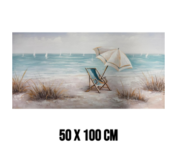 Allernieuwste.nl Canvas Schilderij Strand met Strandstoel en Zeilboten – 50 x 100 cm